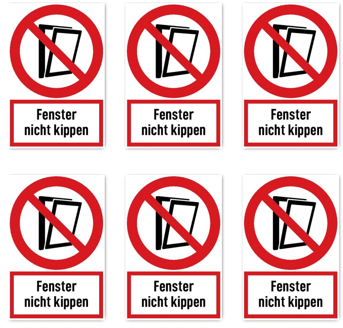 75x50 mm, 6 stuks - venster niet kantelen - Verbodsteken met tekst (Duits) (rood/wit) - rechtop - DIN EN ISO 7010 / ASR A1.41