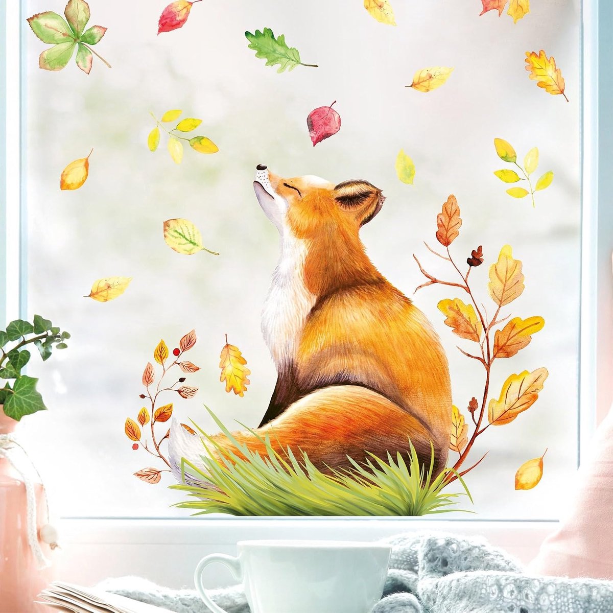Herfst vos in profiel met bladeren herfstraamsticker, raamdecoratie, A4-vel