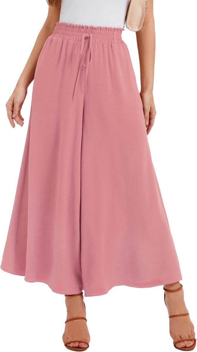 Pantalon voor Dames Zomer Elastische Hoge Taille met Trekkoord Luchtig Palazzo Broek Met 2 Zakken Voor Dagelijks Gebruik & Vrije Tijd