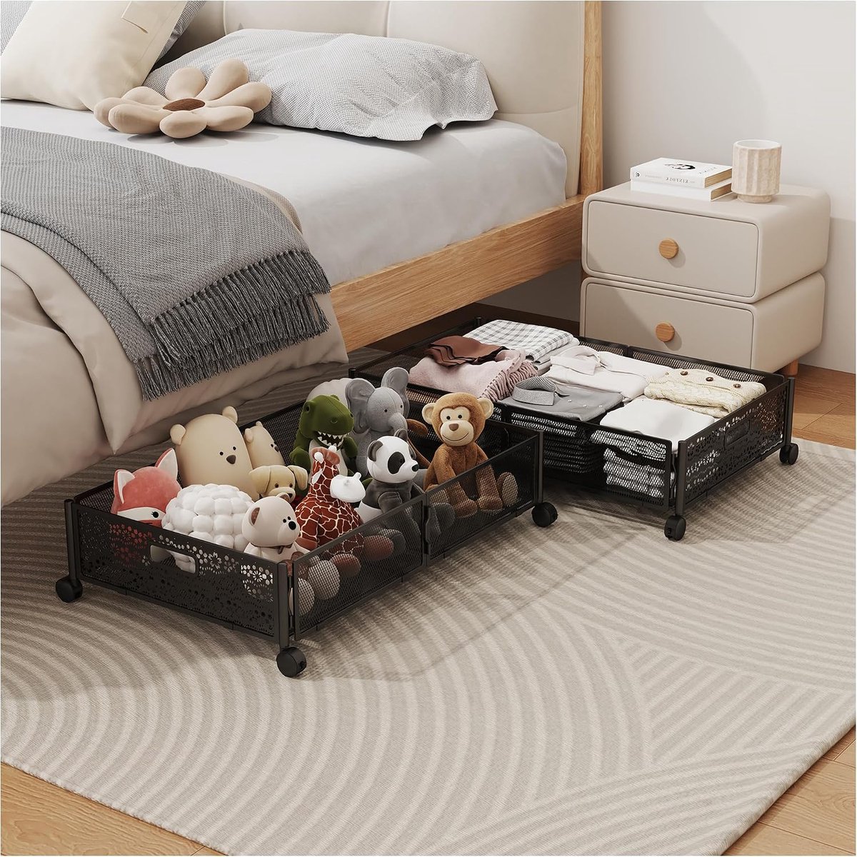Onderbed Opbergbox 38L met Wielen en Rits, 40×60×16cm (B×L×H), Zwarte Opberghoes voor Kleding, Kussens, Dekbedden, Speelgoed, Boeken & Beddengoed
