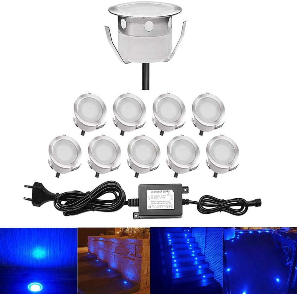 Mini-inbouwspots voor terras, hout, led-inbouwspots, waterdicht, voor terras, trap, DC 12 V, waterdicht, IP67 (10 stuks, blauw) [energieklasse A]