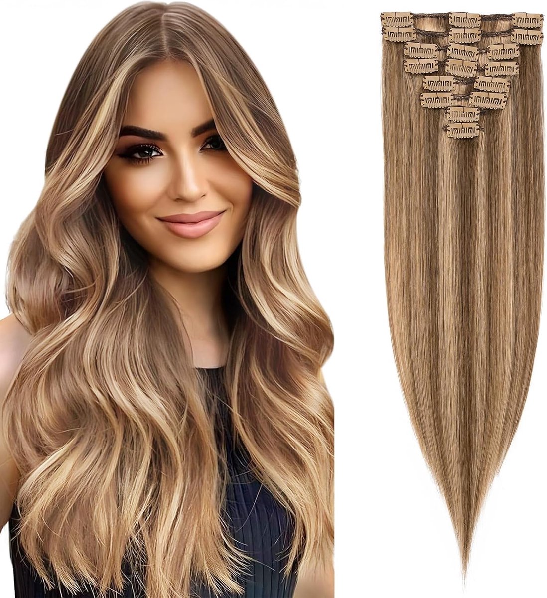 Haarextensies, echt haar, 8 clip-in extensies, 30 cm, balayage blond