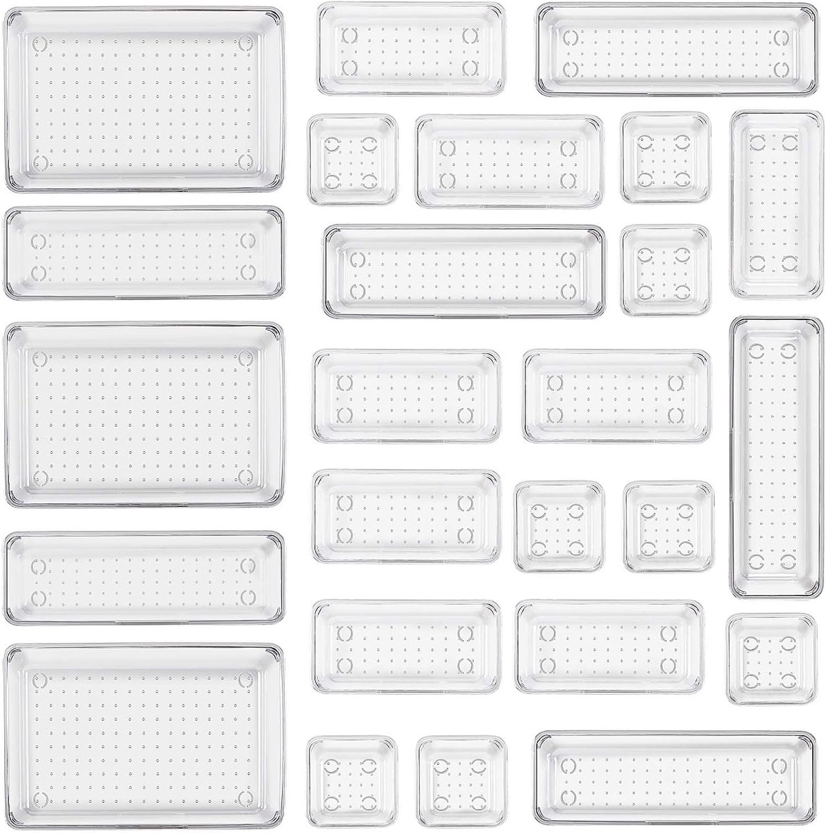 25 stuks transparant lade-organisatiesysteem met make-uptafel organizer in 4 maten, antislip, transparante make-up-organizer voor badkamer, cosmetica, commode, keuken, kantoor