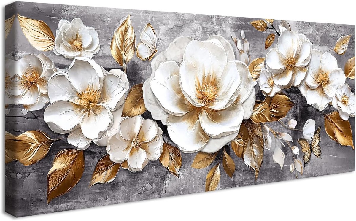 Ingelijste grote canvas muurkunst grijs goud beige pioenrozen bloemen schilderij op canvas prints poster, luxe gouden bladeren foto's voor woonkamer slaapkamer restaurant thuis wanddecoratie 50
