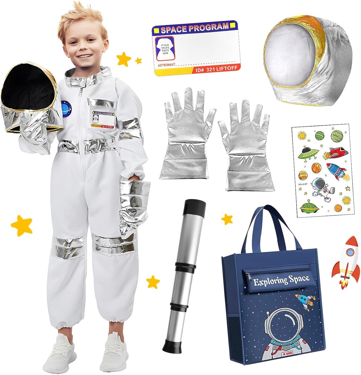 Astronautenkostuum voor kinderen, astronautenkostuum met helmtas en handschoenen, ruimtepak kostuum voor Halloween party cosplay