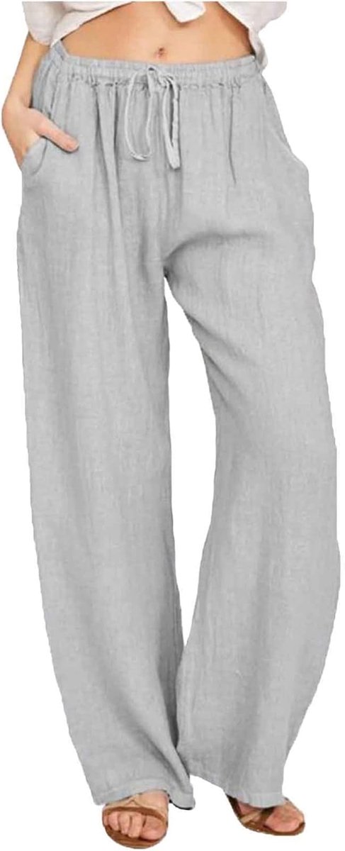 Zomerbroek voor dames, vrijetijdsbroek, lang, licht, katoen, linnen broek, casual, wijde broek, casual, zomer, strandbroek, effen, met trekkoord, losse stoffen broek, elegante linnen broek