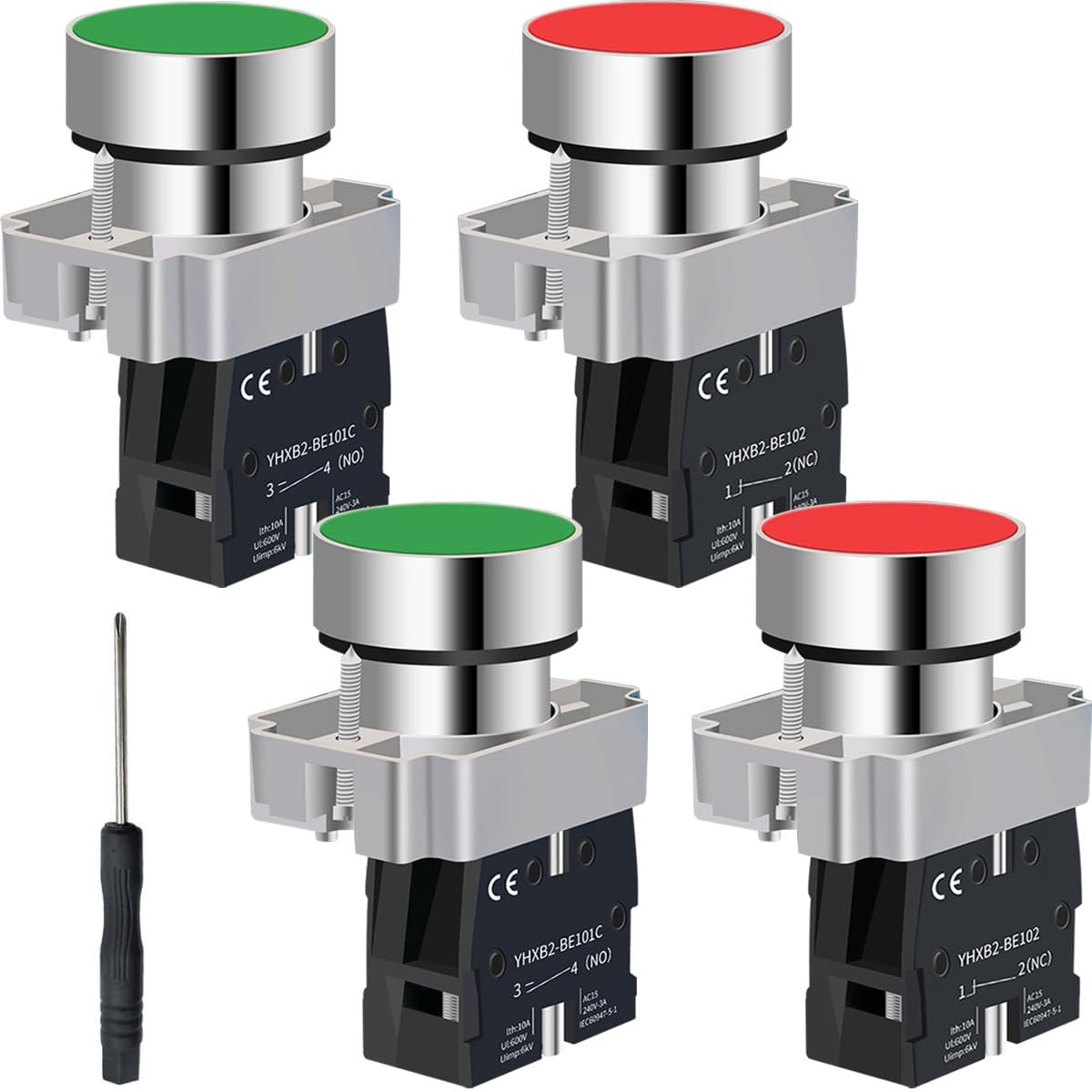 Momenteel drukknop, 22 mm, 1 groene NO-knop en 1 rode NC-knop, 660 V AC, 10 A, voor elektrische en elektronische - ShopVlot