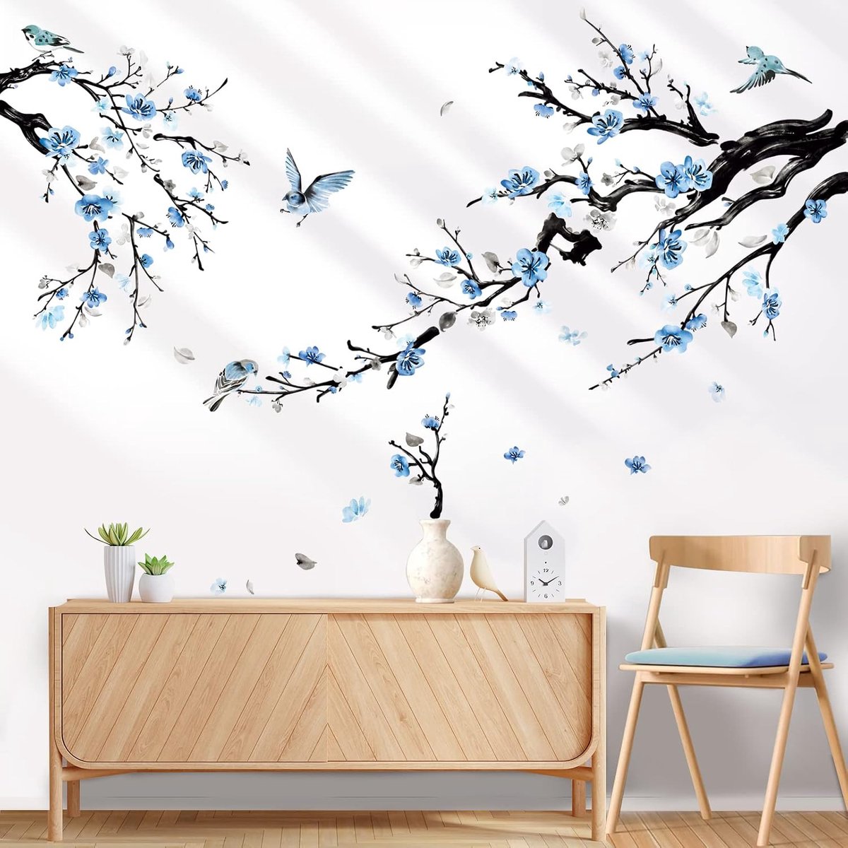 Muurstickers Bloemenboom - Waterverf Blauw - Vogels en Bloesems - Eenvoudig aan te brengen - ShopVlot