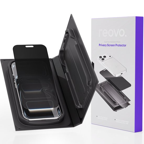 Reovo privacy screen protector set met installatiehulp voor iPhone 16 Pro Max.