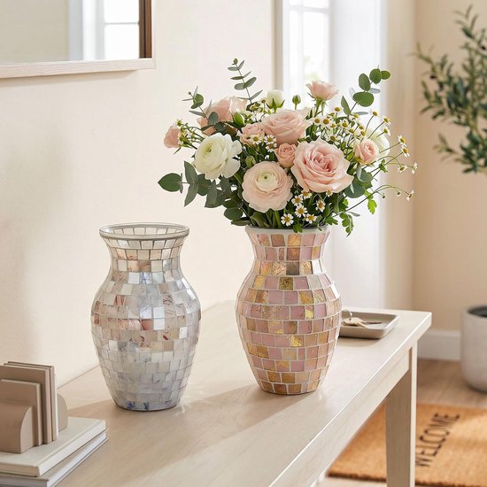 Bloemenvaas, handgemaakte mozaïek glazen vaas, 20 x 10 x 11 cm, decoratieve vazen, tafeldecoratie en bruiloftsdecoratie, moderne bloemenvaas voor woonkamer, keuken, slaapkamer en kantoor (roze)