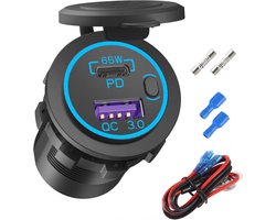 12V USB C-stopcontact 65W PD3.0-poort en 18W Quick Charge 3.0 auto USB-oplader voor laptops Tablets Telefoons, Waterdicht 12V/24V-stopcontact met stroomschakelaar voor auto marine boot