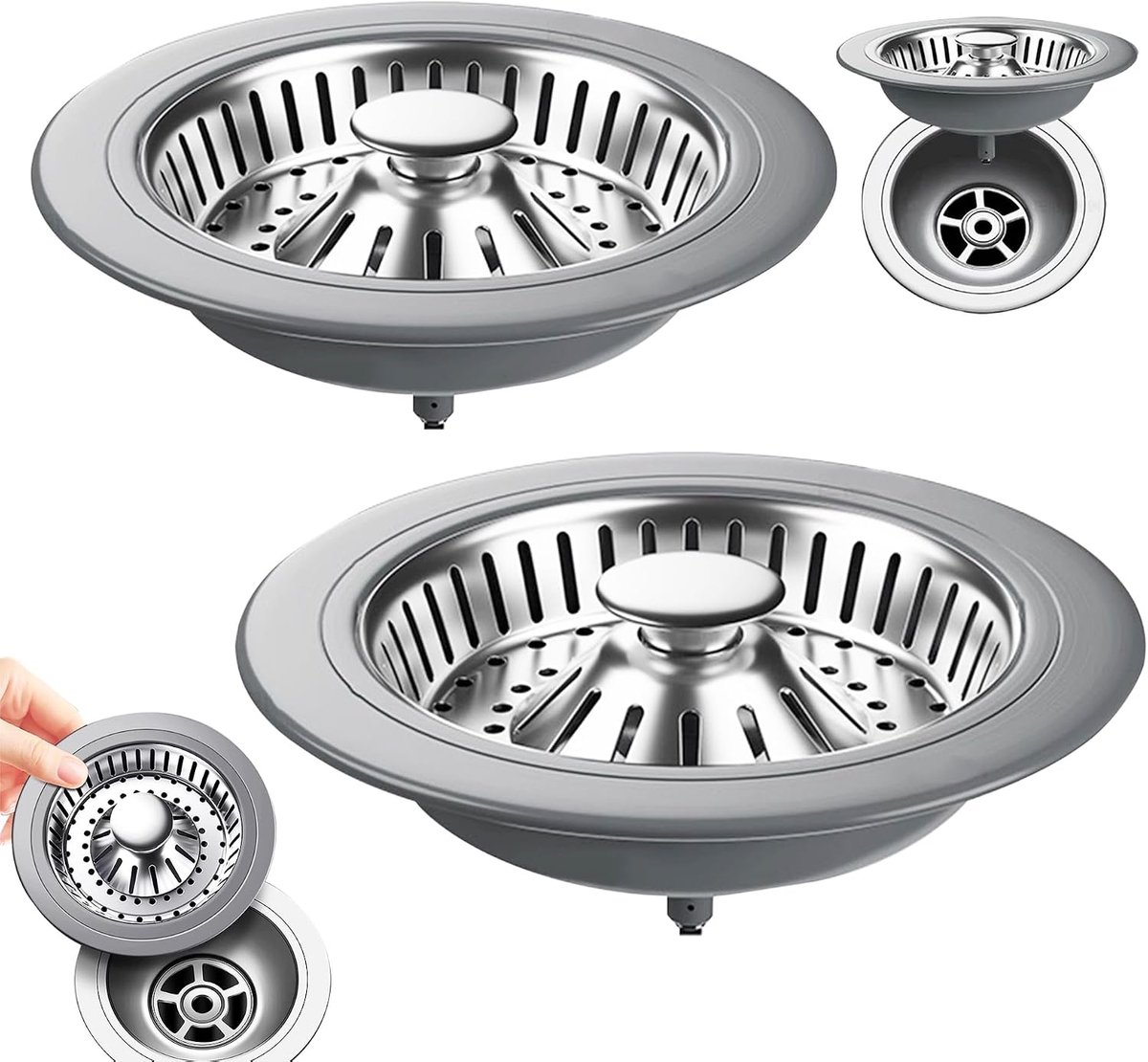 2 stuks Gootsteen Plug,Aanrecht Filter,Pop-up Gootsteenstop,3-in-1 Afvoerstop,RVS Afvoerstop,Afvoer Zeef,Spoelbak Filter,Keukenafvoerzeef,voor voedselrestenopvangbak.(Gatdiameter 78-85mm,Zilver.)