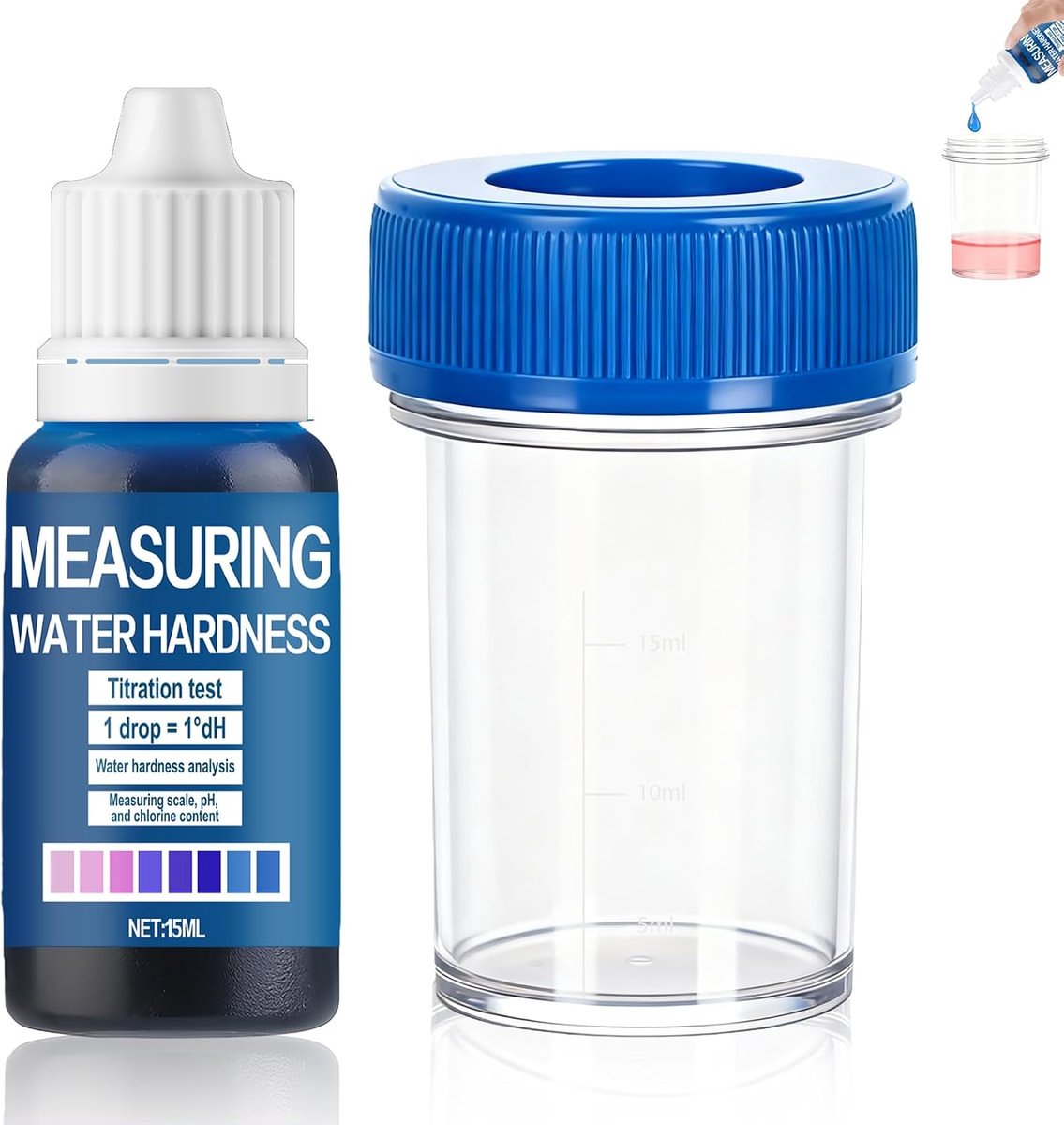 Waterhardheidstest met reageerbuis voor analyse, meting van kalk met pH-test en chloortest, 15 ml tot 200 tests, eenvoudig en direct gebruik