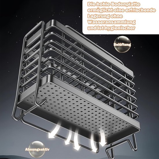 Bestekhouder, keukengereihouder, bestekmand, wandmontage, traceless sticker, koolstofstaal, bestek, afdruipbak, houder voor bestek en keukenhulp (zwart) van Landmann — afbeelding 5