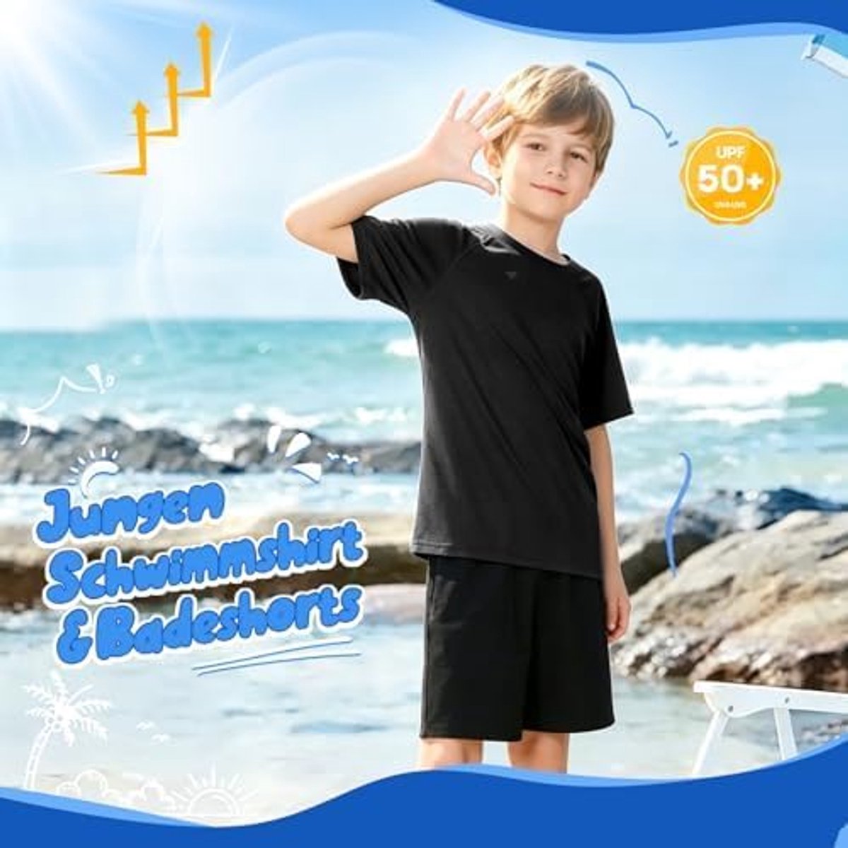 Shirt en zwembroek Set jongens,UPF 50+ shirt & 2-in-1 zwemshort met binnenbroek kinderen,voor 5-14 jaar