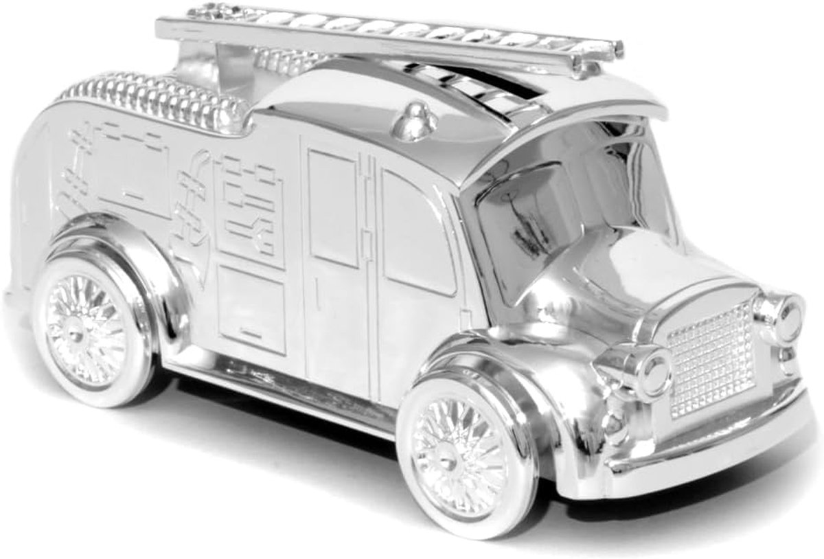 Brandweer-auto spaarpot met gravure naar wens, verzilverd, aanslagbestendig, beweegbare ladder en wielen, kinderspaarvarken, brandweer, cadeau-idee, gepersonaliseerd met gravure