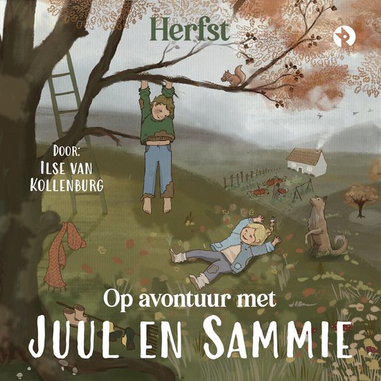 Illustratieboek Herfst: Juul hangt in een boom en Sammie ligt in het gras met een hond in een landschap.