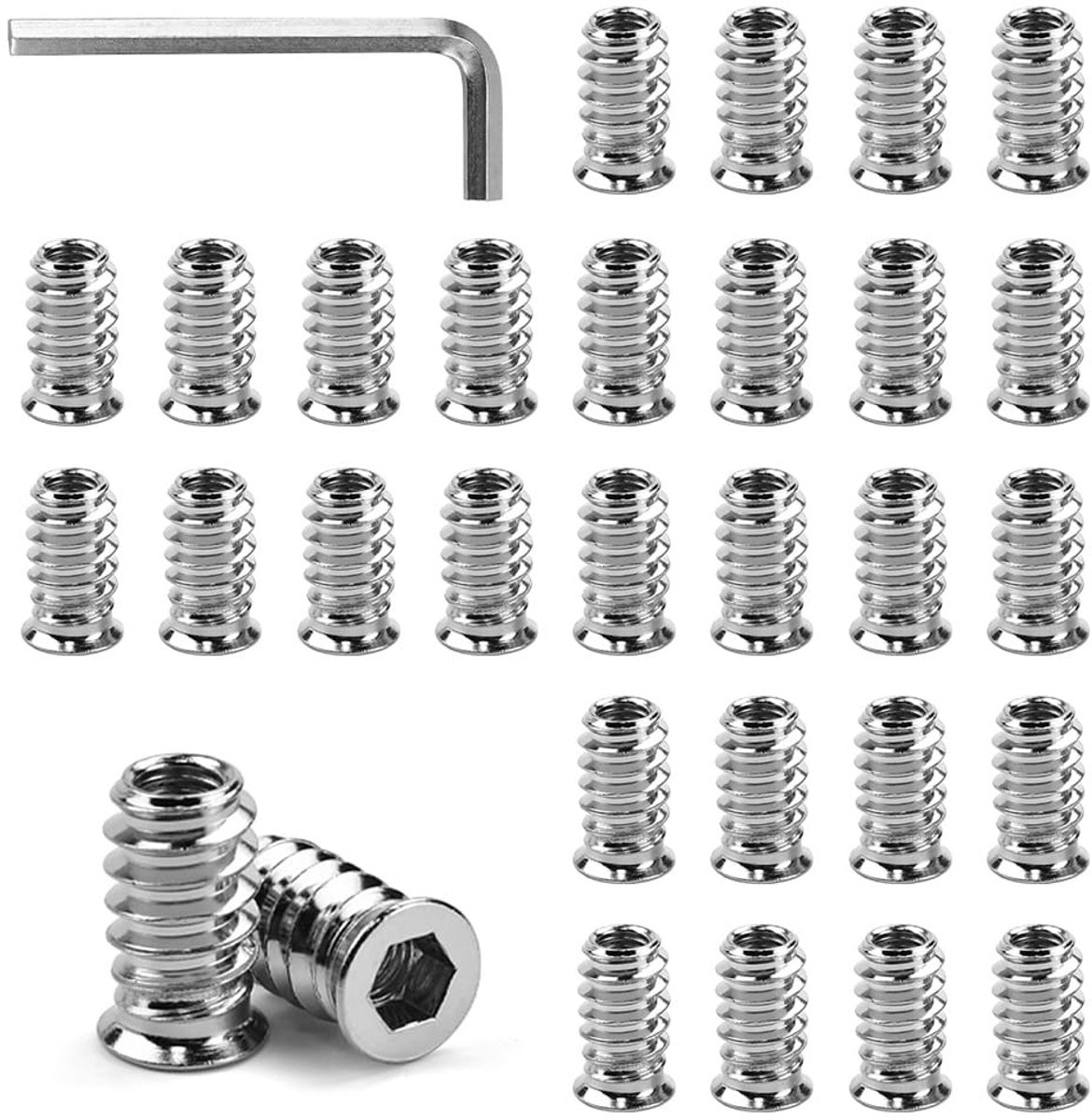 M6 x 20 schroefmoeren voor hout, M6 draad inserts, hexagon socket met afdekrand voor meubels, inclusief inbussleutelset, 50 stuks