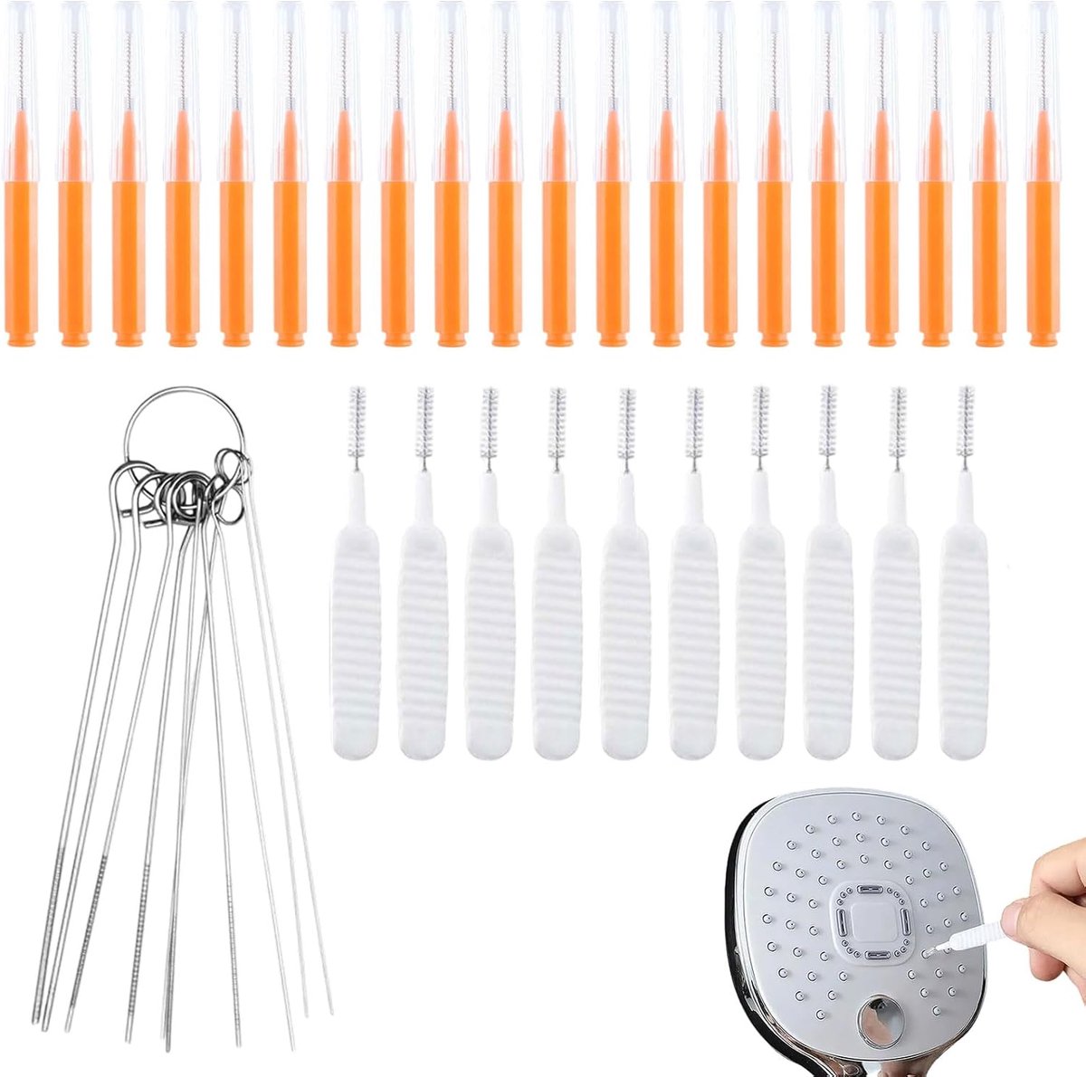 40pcs Shower Head Cleaner Tools, 2 Designs Shower Head Cleaning Brushes and Multi-Sized Unclogging Needles - ShopVlot