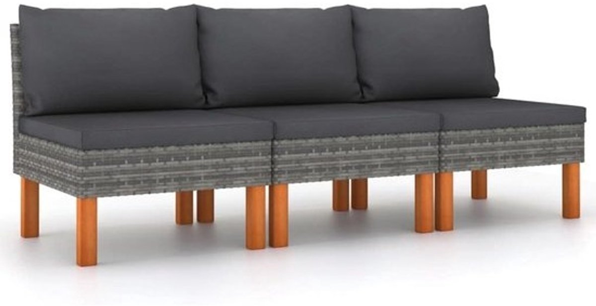 Set van 3 Middelste Tuinbanken met Poly Rattan en Eucalyptushout