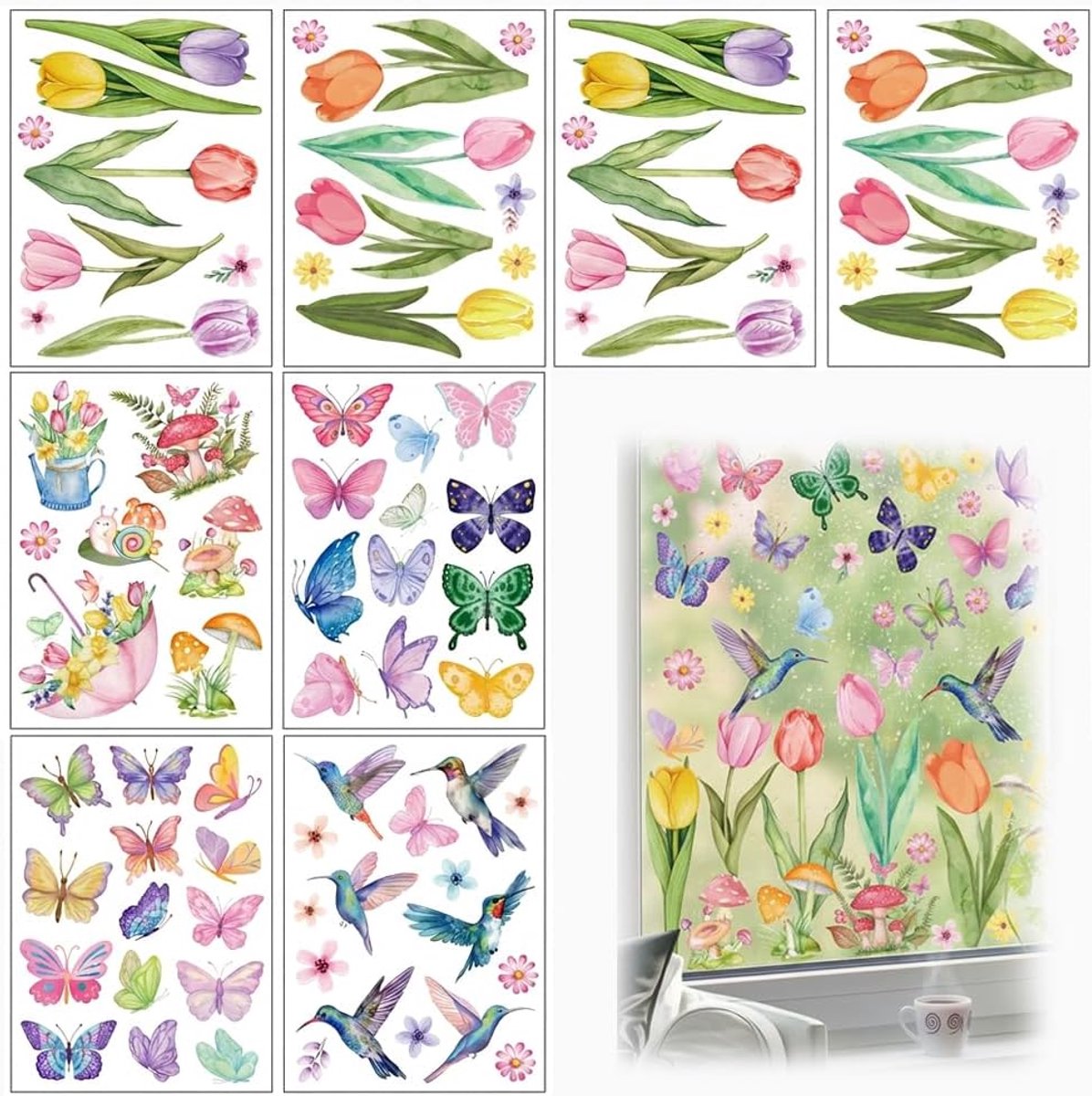 Raamfoto's, lente, decoratie, zelfklevend, 8 vellen, 83 raamstickers, bloemen, vogels, vlinders, raamstickers, herbruikbaar, voor raamdecoratie, stickers, raamfolie, kleurrijk, voor scenario's