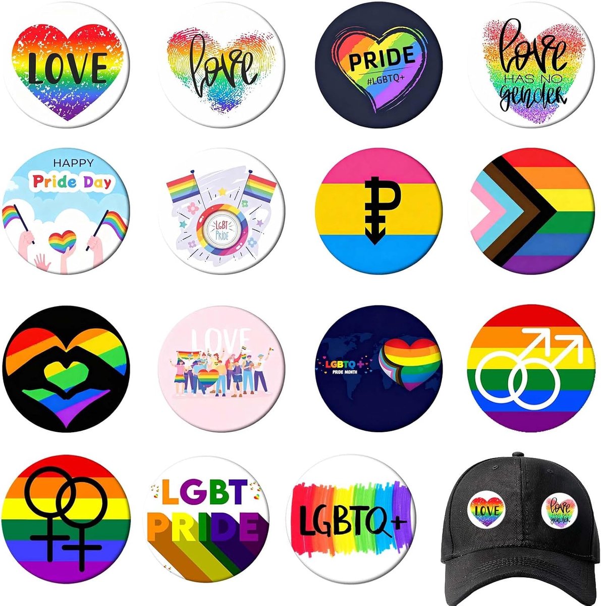 Regenboog Buttons Set van 15 – 44MM Happy Pride Day Badge Pins met Regenboog Vlag, Hart en Symbolen, RVS Ronde Speldjes voor Kleding, Rugzakken en Feestelijke Events