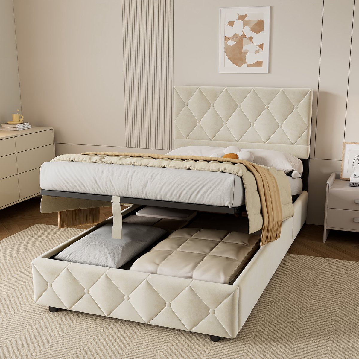 WUVRIE Gestoffeerd opbergbed 90x200 cm met fluwelen bekleding en lattenbodem, beige