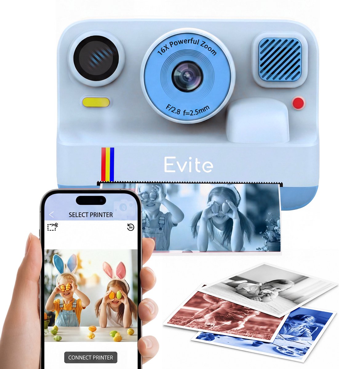 Evite Kids Kindercamera met Foto Printer - Bluetooth Printer - Digitale Camera Kinderen - met SD Kaart & 3 Rollen - Full HD Foto en Video - Spelletjes - Blauw