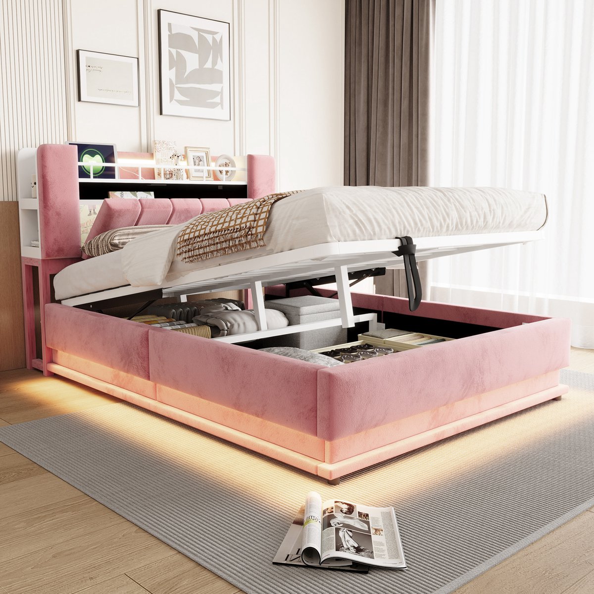 FloraGrace Gestoffeerd Bed 140 x 200 cm - LED-Verlichting en USB-Oplaadpunten - Hydraulische Opbergruimte - Zonder Matras - Roze