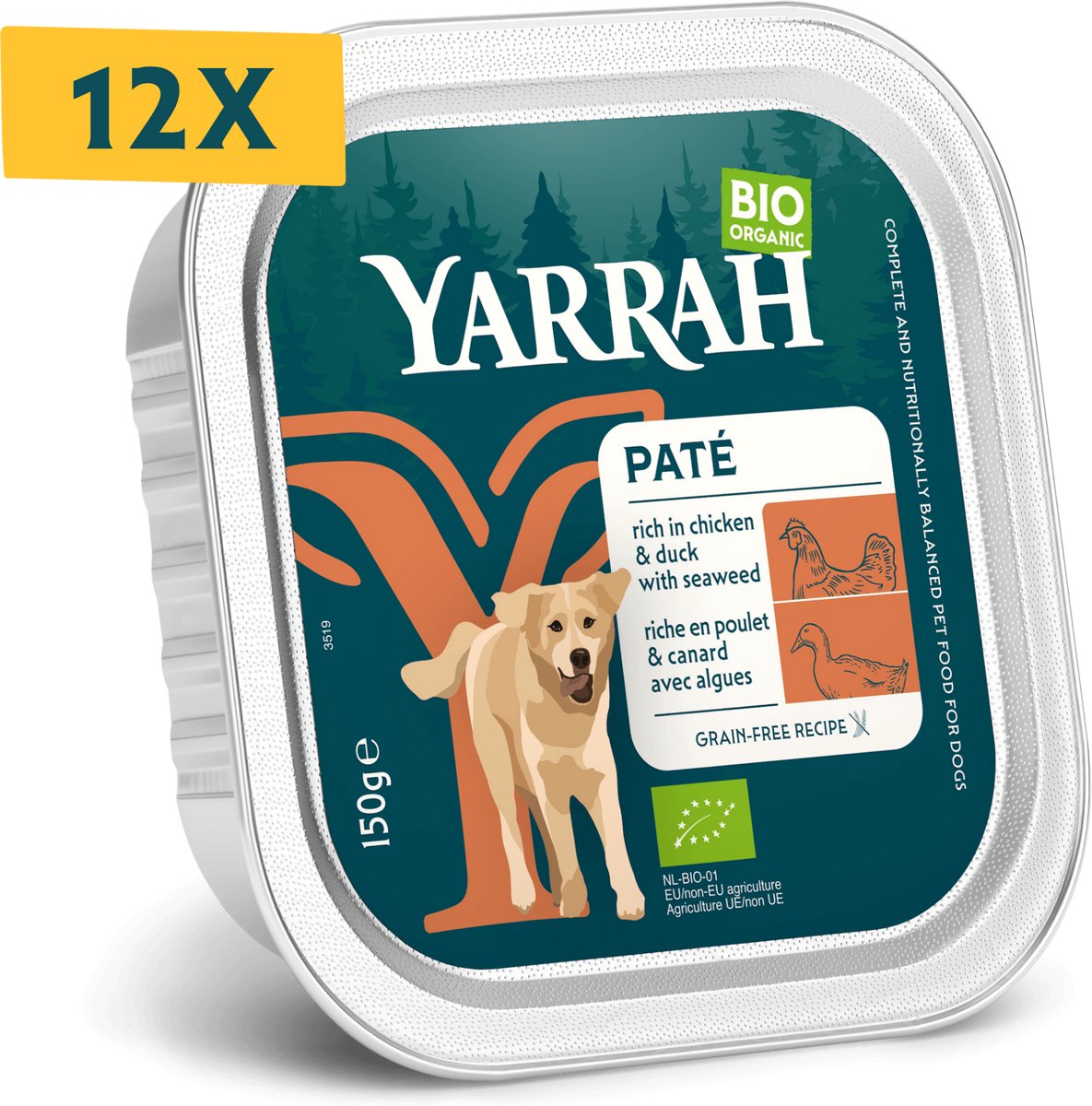 Yarrah Bio Alu Paté Grainfree Hondenvoer Nat Kip & Eend - 12 x 150 gr - Voordeelverpakking