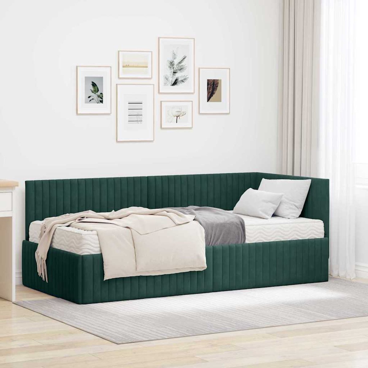 vidaXL Hoekbedframe - met - Matras - 2 - st - Donkergroen - 90 - x - 190 - cm - Fluweel