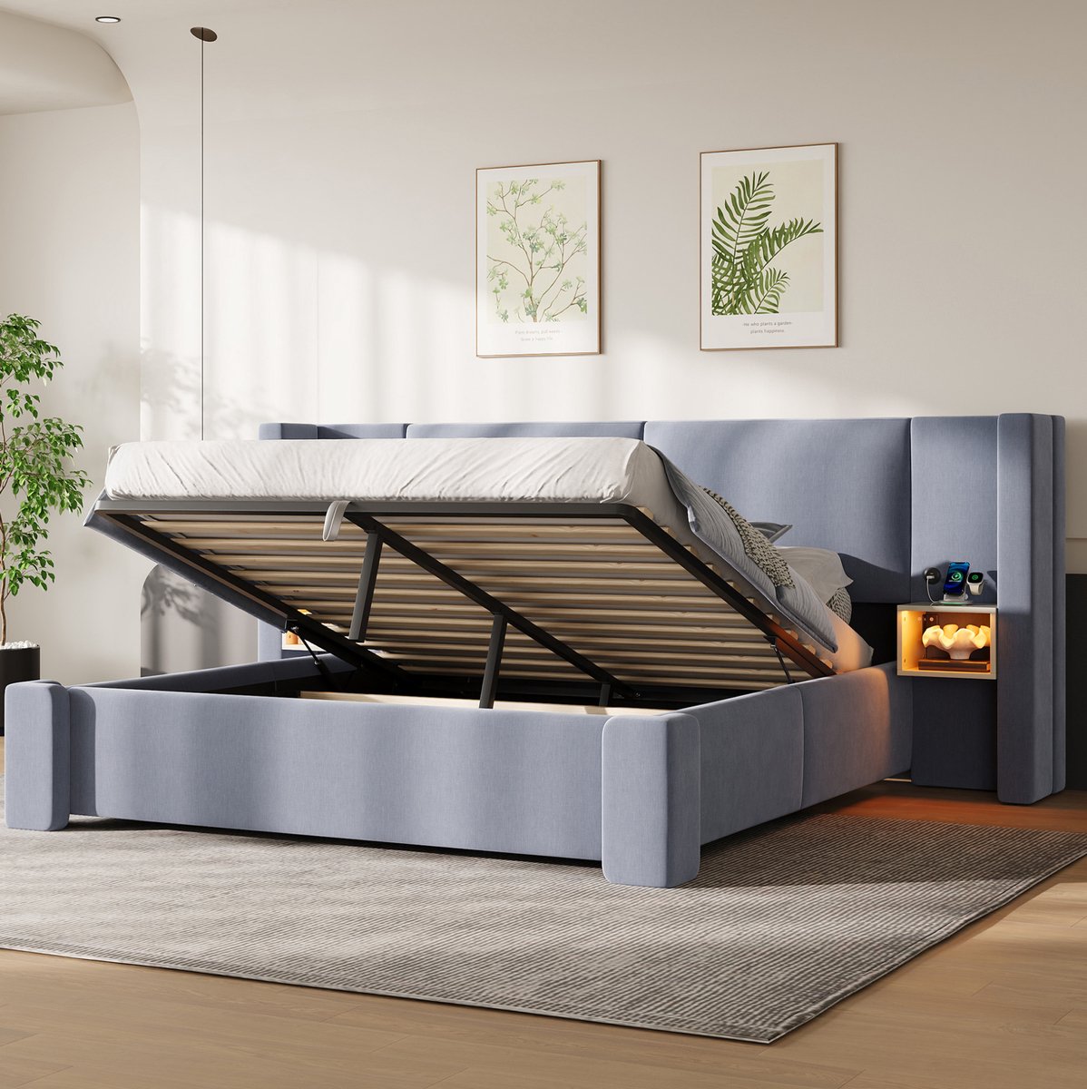 FloraGrace Gestoffeerd Tweepersoonsbed 180x200cm - Ledverlichting - Hydraulische Opbergruimte - Zonder Matras - Stof En MDF - Grijs