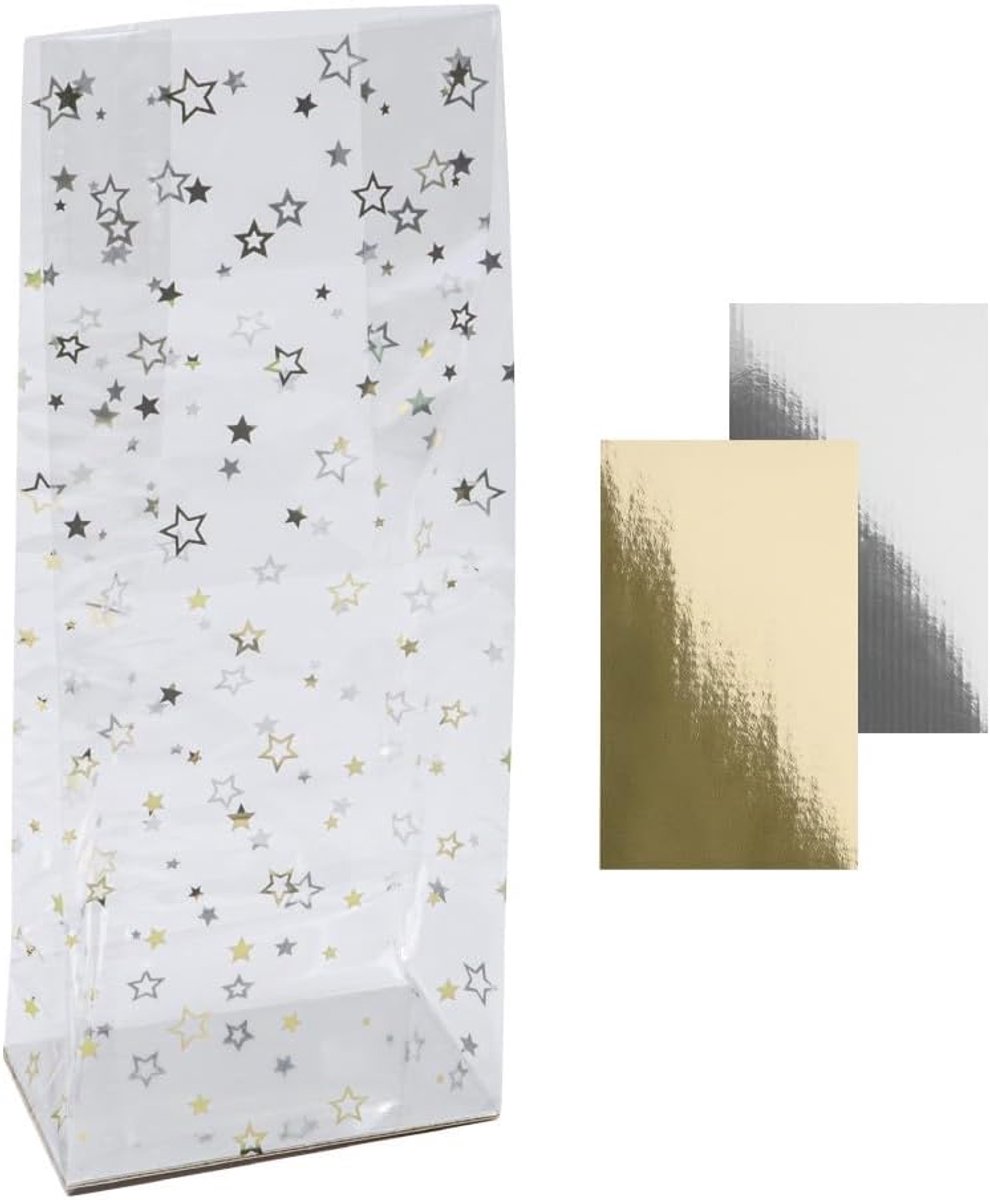 mit Herz Blokbodemzakjes met sterretjes, folieprint, goud, elegante geschenkverpakking, koekjeszakjes, met extra legplank, geschikt voor levensmiddelen, 10 cm x 6 cm, 25 cm, 30 stuks