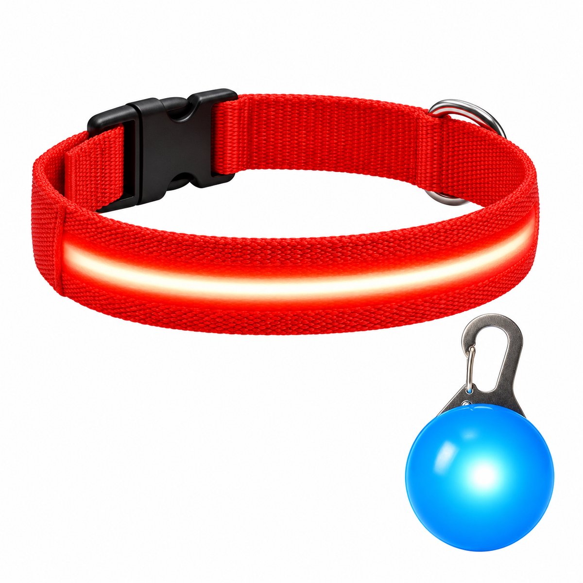 Professor Q LED Halsband Hond - Rood XS (28–32 cm) - Blauw LED Lampje - Nylon USB Oplaadbaar
