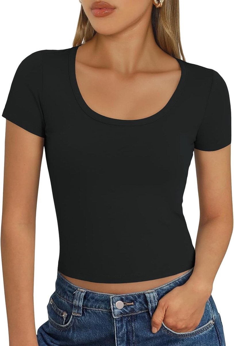 T-Shirt Dames Korte Mouwen met U-Hals Tops Dames Basic Elegante Slim Fit Tees Zomer Stretch Crop Top