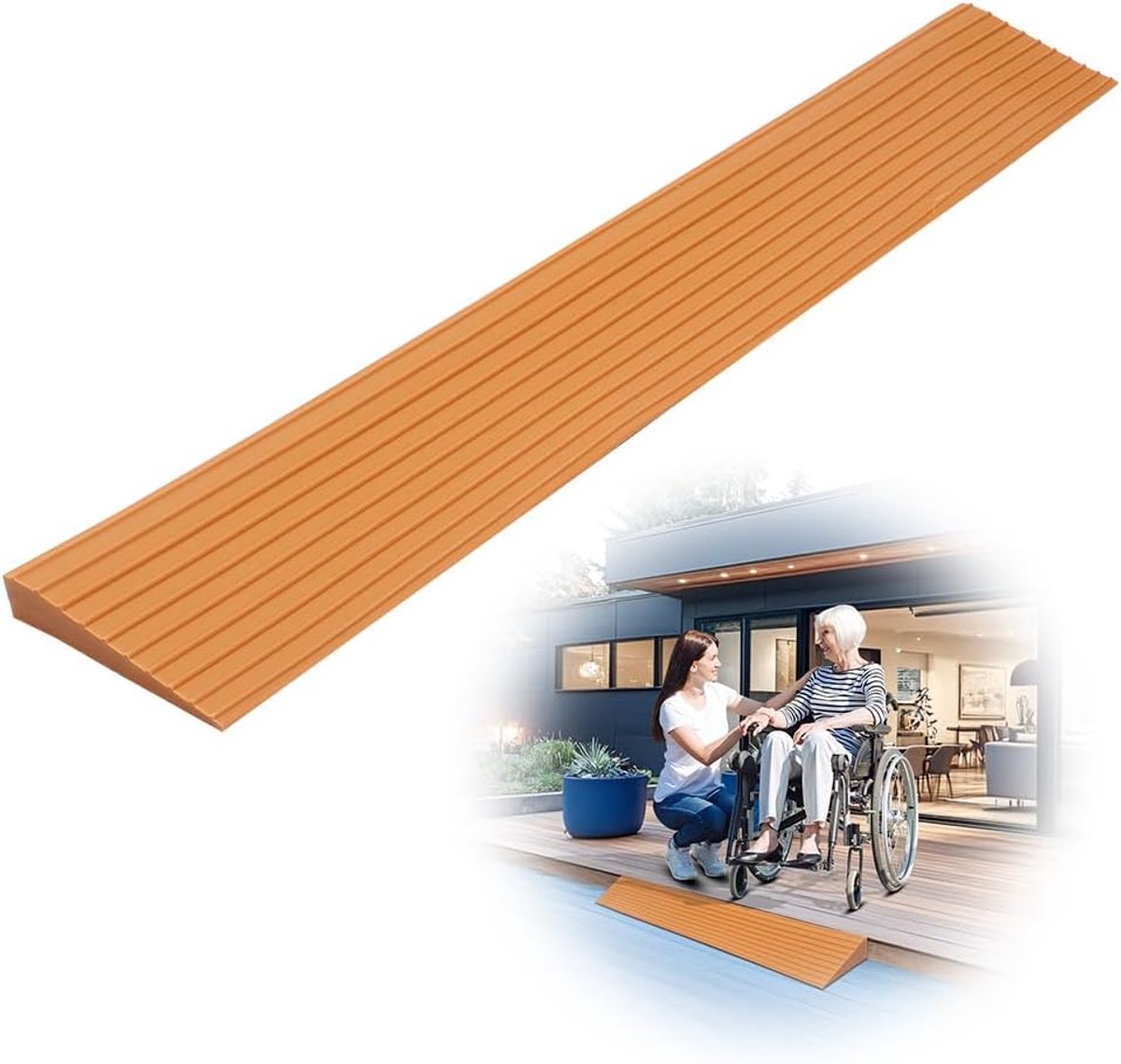 antislip oppervlak, drempeloprijplaat, pvc-rolstoelhelling, rubberen oprijplaat, drempelhelling voor kinderwagen, rolstoel, rollator of e-scooter (lichtbruin, 100 x 8 x 1,5 cm)