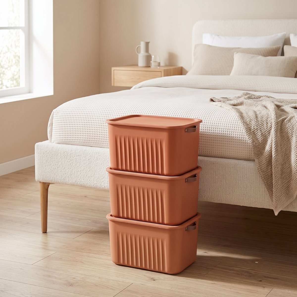 INDECOR-Opbergbox 15 Liter Set van 3 met Deksel – BPA-vrije Stapelbare Opbergdozen met Handgrepen – Opbergmanden voor Kleding, Speelgoed en Accessoires – Terracotta