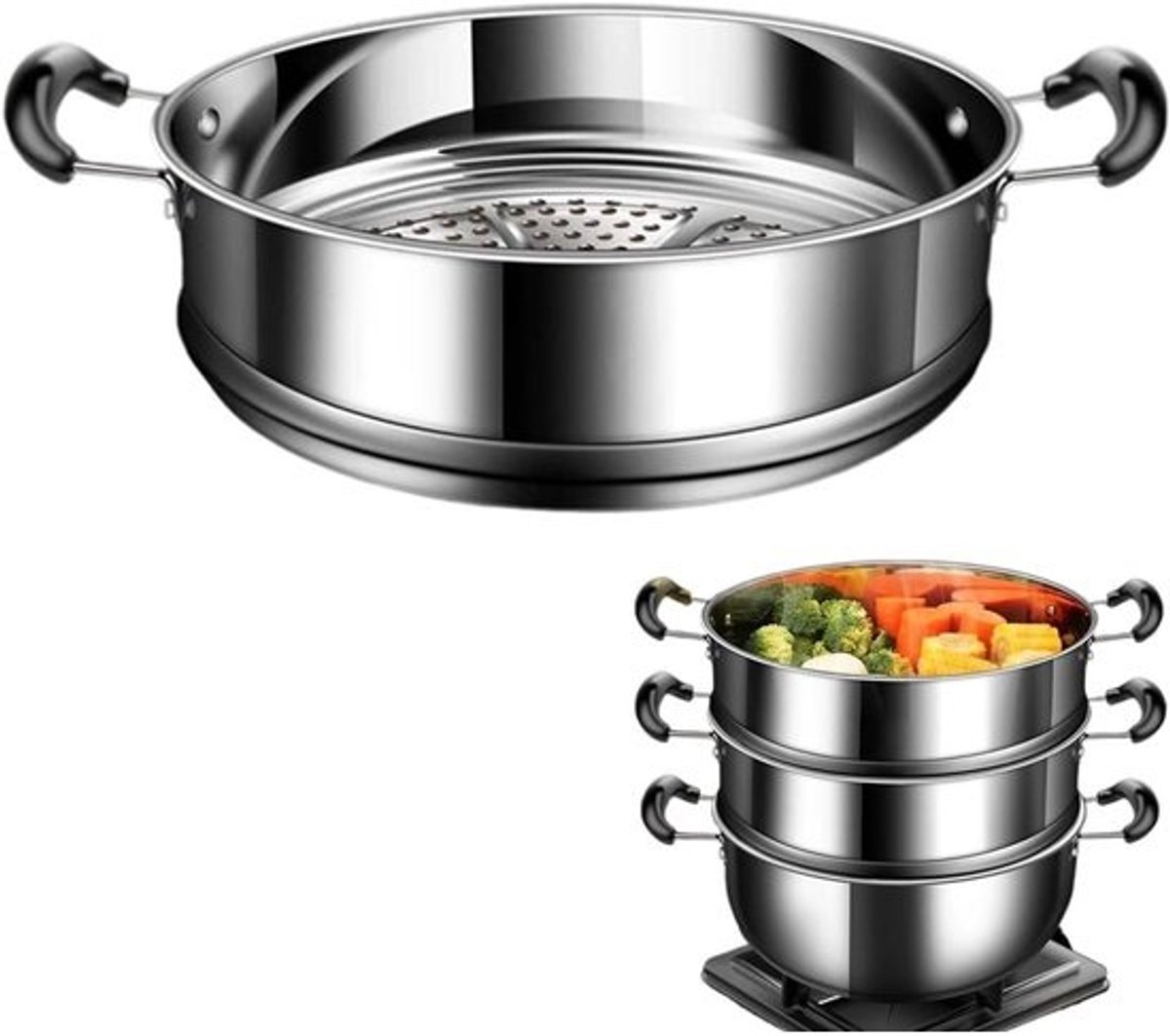 Stoominzet Keuken - Kookgerei Stomer - Gezond Koken - Stapelbare Niveaus - Diverse Gerechten - Roestvrij Staal