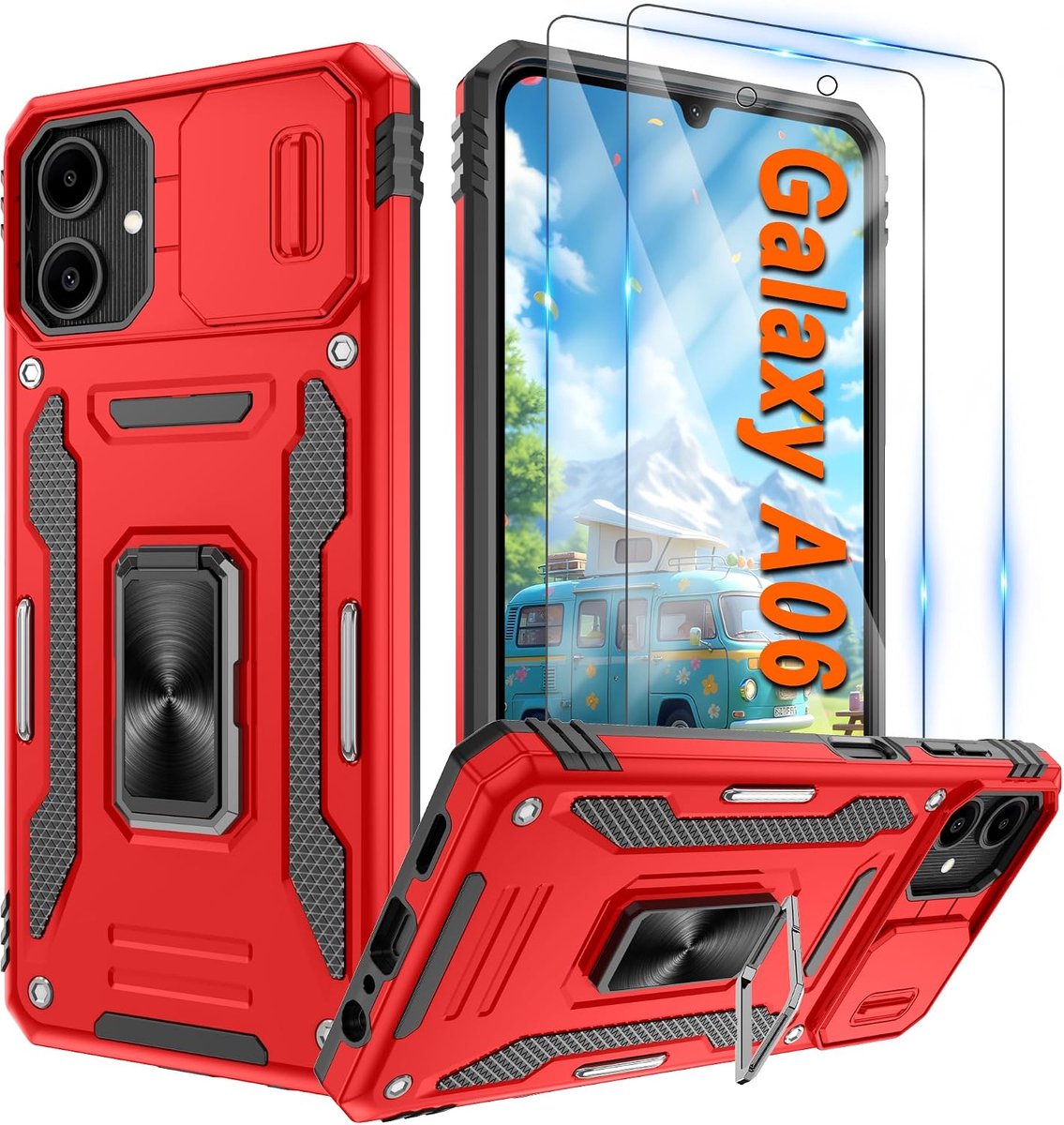Telefoonhoesje voor Samsung Galaxy A06 5G, met 2 stuks beschermfolie, schuifje ter bescherming van de camera, 360° draaibare houder, ring, stootvast, rood