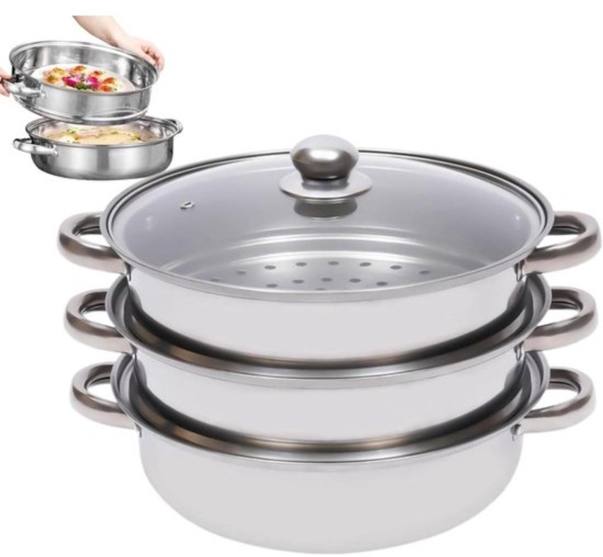 Stoomboot Kookpot - Stoompan Set - Gezond Koken - Stapelbaar 3 Lagen - 11 Inch - Meerkleurig