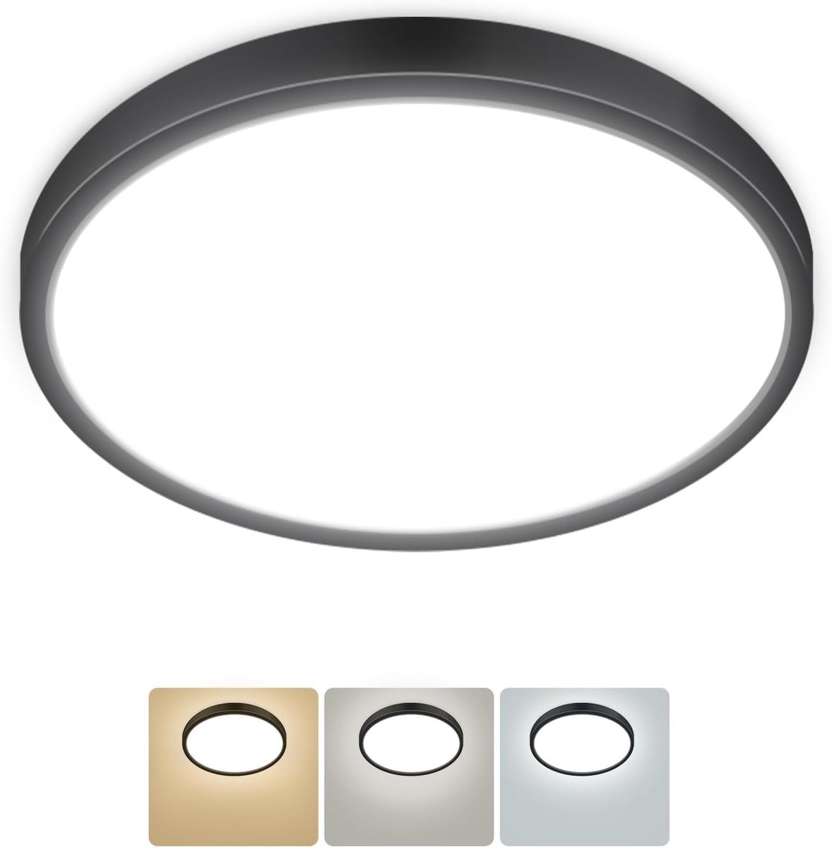 hepside Plafond LED-lamp, 12 W, 1200 LM, plafondlamp, 3 kleuren: 3000 K/4000 K/6500 K, Ø16 cm, IP44 waterdichte plafondverlichting, ledlamp, slaapkamer, keuken, hal, badkamer, woonkamer, zwart