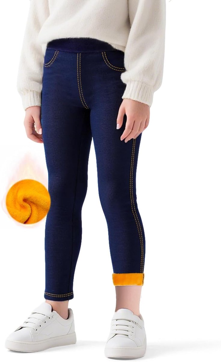Leggings meisjes jeanslook gevoerde thermoleggings met fleece kinder winter warme lange broeken met zakken jeggings thermobroeken winterleggings, 4-11 jaar, maat 104-146
