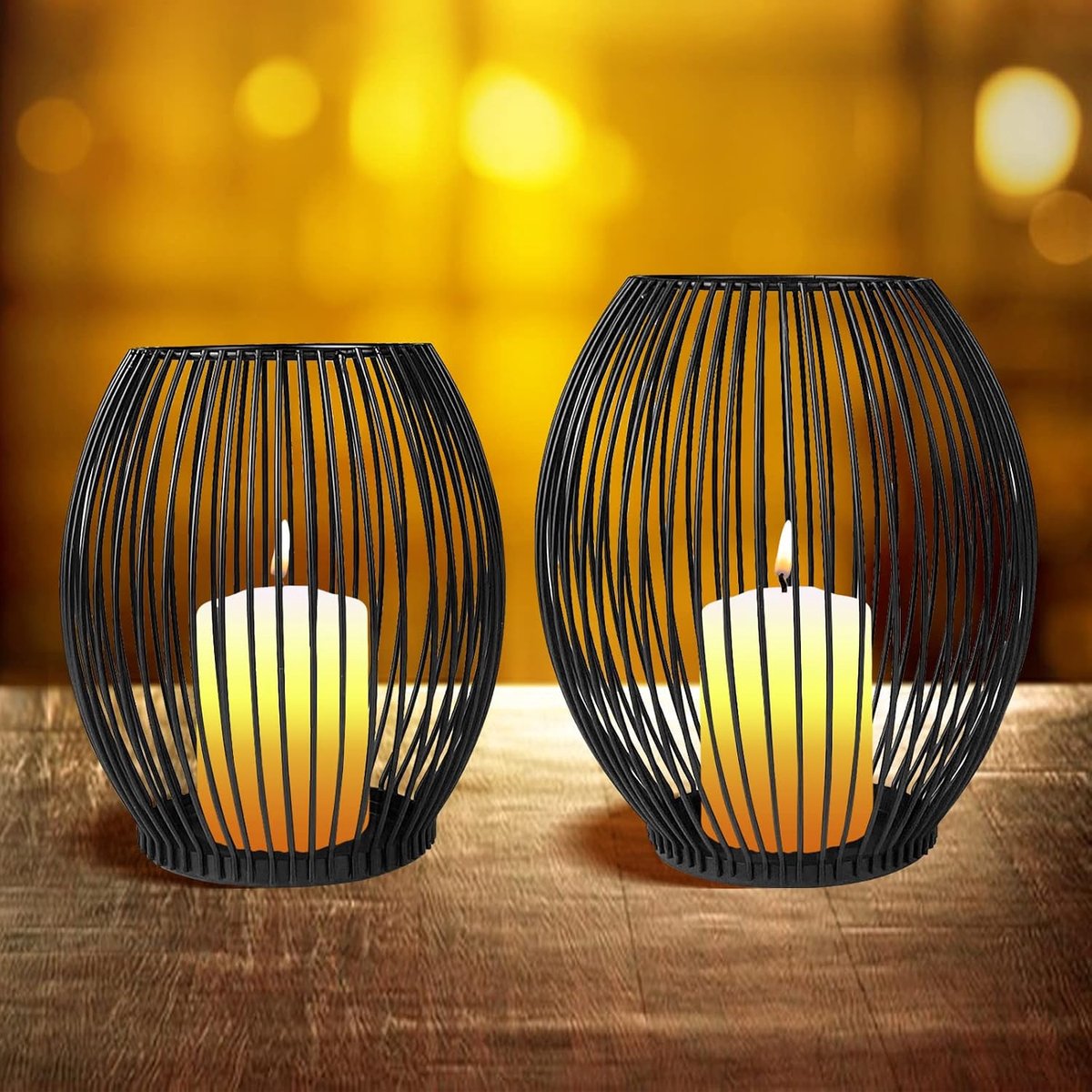 2 kaarsenhouders voor kaarsen, zwart, van metaal, elegante decoratie voor theelichtjes, van smeedijzer, moderne decoratieve tafelkaarsenhouder, zuilkaarsenhouder in lantaarnvorm
