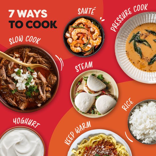 Grafische weergave van 7 kookmethodes: slowcook, sauteren, onder druk koken, stomen, rijst, yoghurt en warmhouden.