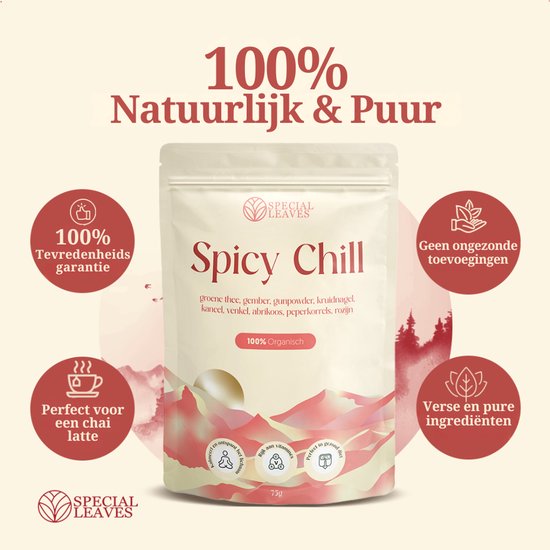 Special Leaves 'Spicy Chill' thee verpakking met groene thee, gember, kruidnagel, kaneel en abrikoos. 100% Organisch.