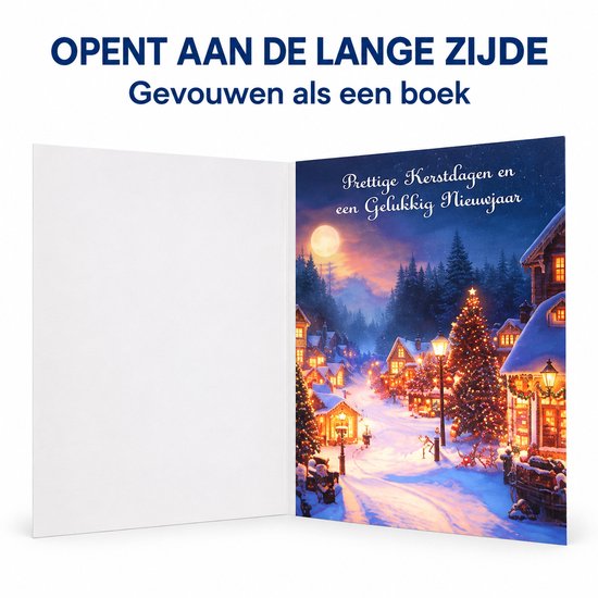 Kerstkaart met winterdorp, kerstboom en tekst 'Prettige Kerstdagen en een Gelukkig Nieuwjaar'. Opent aan de lange zijde, gevouwen als een boek.