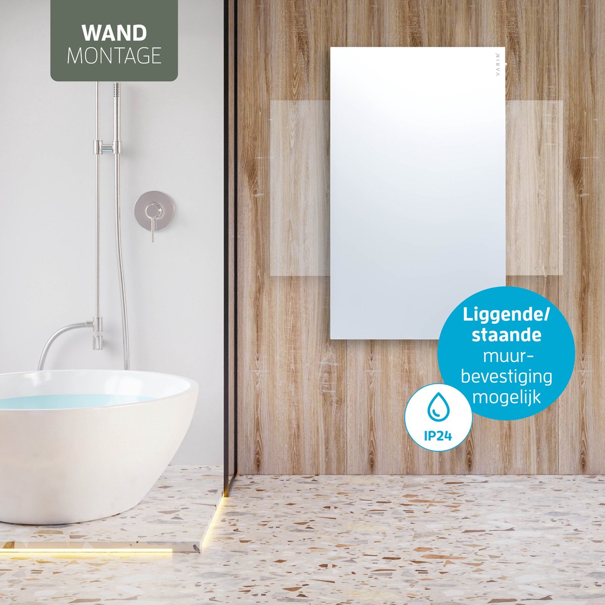 Varin® Smart Design Infrarood verwarmingspaneel - 600W - 100x60cm - Helder wit glas - IP24 - Met thermostaat - Wandmontage of verrijdbaar - Elektrische verwarming - Infrarood paneel verplaatsbaar - Kachel - Heater bureau - Terrasverwarmer - Tuya Wifi – foto 3