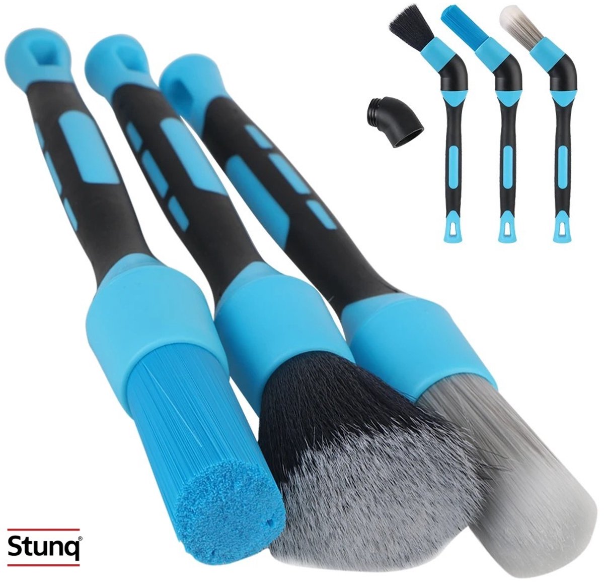 Stunq® Auto Reinigingsborstels 3 stuks met Elleboogstuk – Detailborstels voor Interieur, Luchtuitlaten en Velgen – Blauw/Zwart