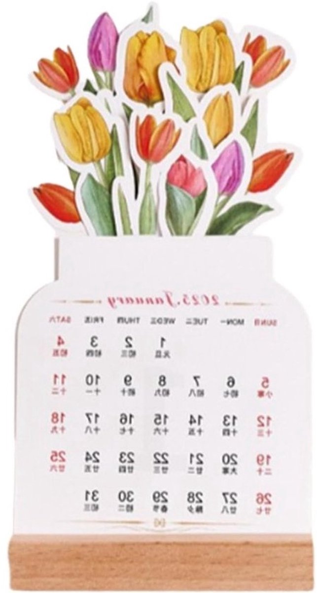 Bureaukalender Bloemen - Maandplanner Decoratie - Werkplek Organiseren - Vaasvormige Houten Basis - 23 x 15 cm - Multicolor