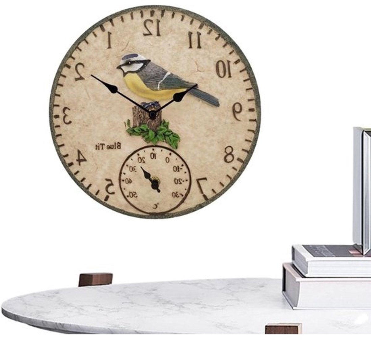 Buitenklok met thermometer - Wandklok Tuin - Decoratie Buiten - Weerbestendige Hars - 30.5 cm Diameter - Europees Stijl